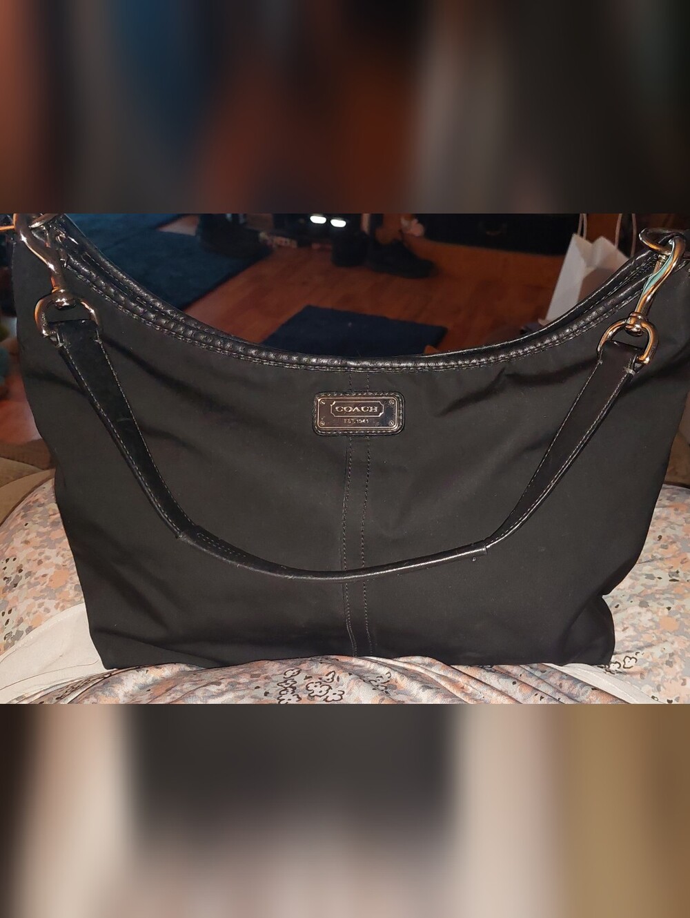 Vintage 1990s Coach Black Nylon Shoulder Hobo Bag with Leather Handles
